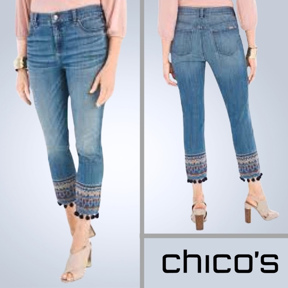 NEW Chico’s So Slimming Girlfriend Pom-Pom Embroidered Slim Crop Jeans Size US 2 - Picture 1 of 12